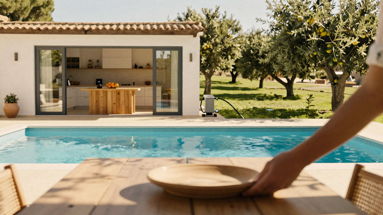 Área externa com piscina, árvores frutíferas e cozinha integrada ao espaço aberto.