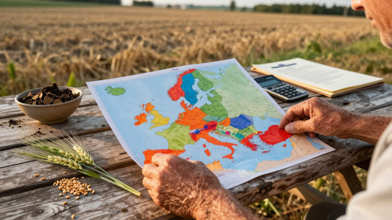 Pessoa idosa examinando mapa da Europa em mesa de madeira em campo de trigo ao ar livre.