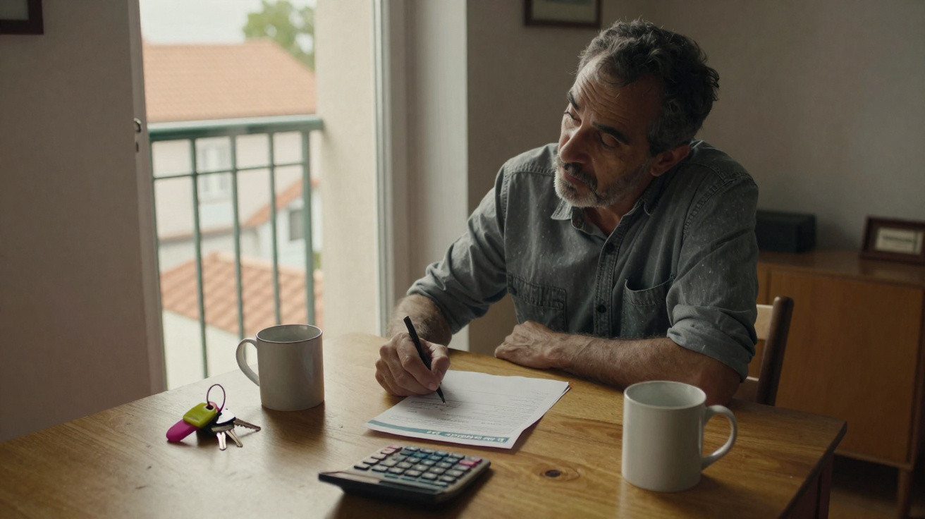 Homem sentado à mesa escrevendo em documento com caneca, chaveiros e calculadora à sua frente.