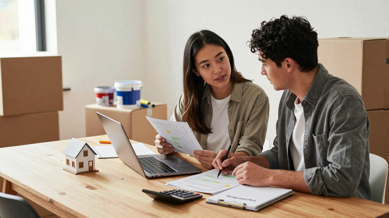 Casal jovem analisando documentos e planejando orçamento em mesa com laptop e miniatura de casa.