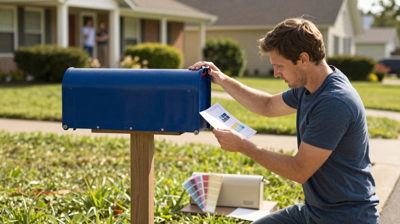 Homem lendo carta com amostras de cores em caixa postal azul no jardim de casa.