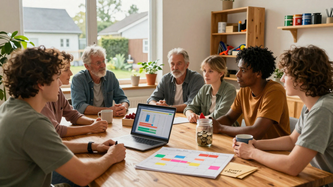 Grupo diverso reunido em torno de mesa, discutindo planejamento com laptop e calendário colorido em ambiente iluminado.