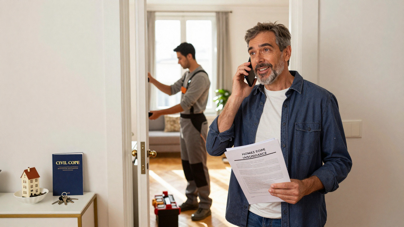Homem fala ao telefone segurando documento de seguro residencial, enquanto técnico verifica fechadura de porta.