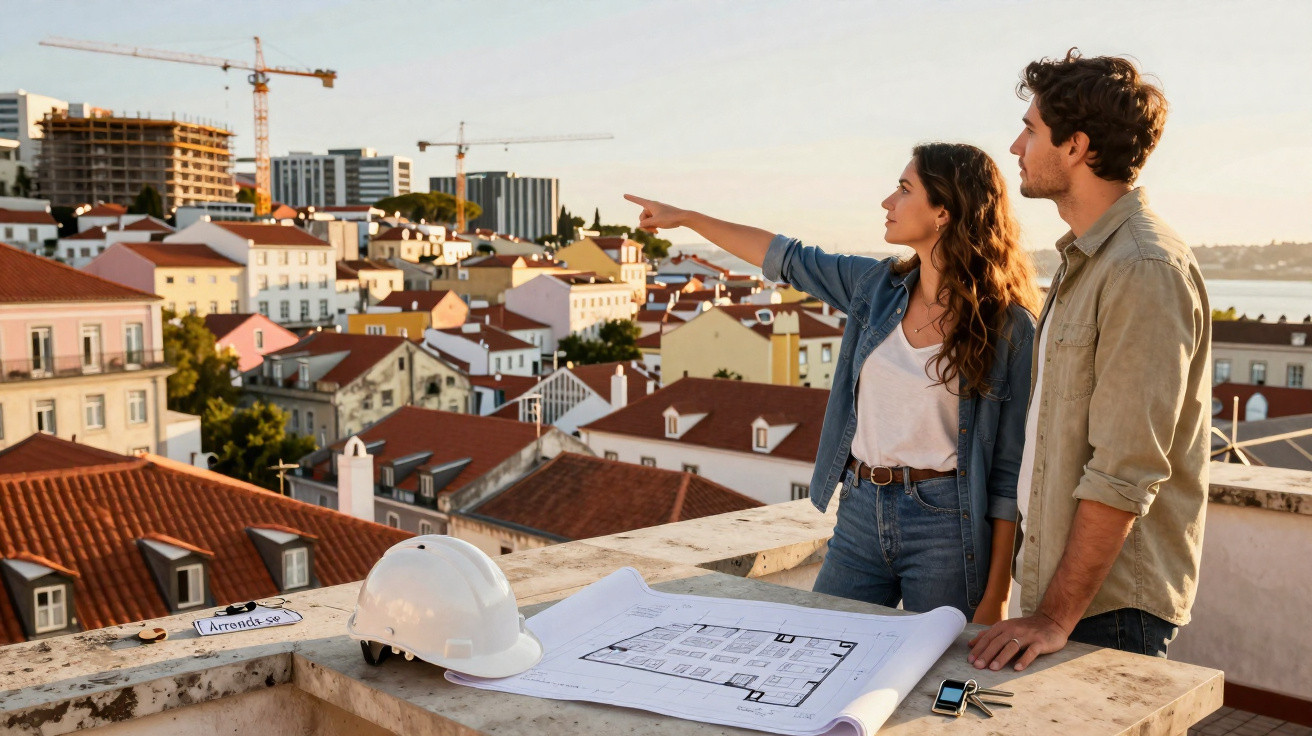 Casal observa construções com capacete e planta baixa sobre muro ao pôr do sol.