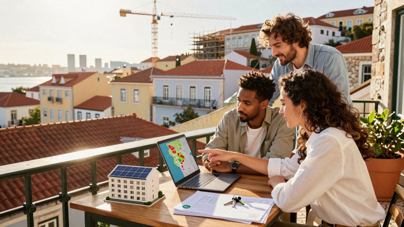 Três pessoas analisando mapa de propriedades em laptop ao ar livre com miniatura de casa e documentos.
