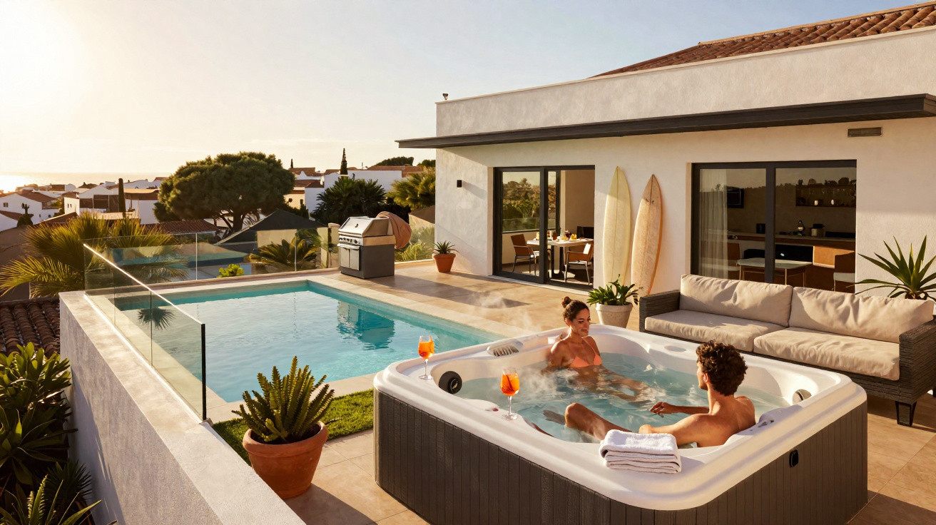 Casal relaxando em ofurô na varanda com piscina, sofá e vista de casas ao entardecer.