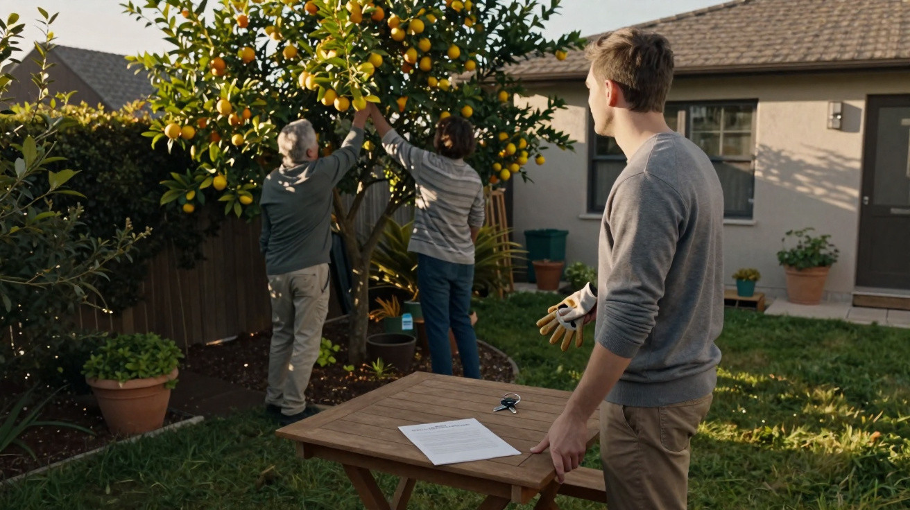 Três pessoas em jardim, duas colhendo frutas de laranjeira e uma observando próximo a mesa com documentos.