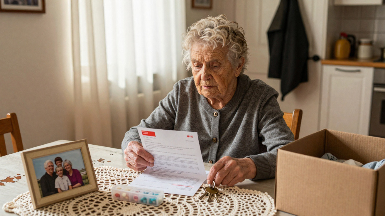 Idosa sentada à mesa lendo uma carta, com chave na mão e caixa com roupas ao lado.