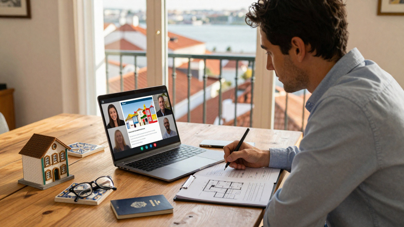 Homem participa de reunião online sobre imóveis enquanto faz anotações em mesa com maquete de casa.