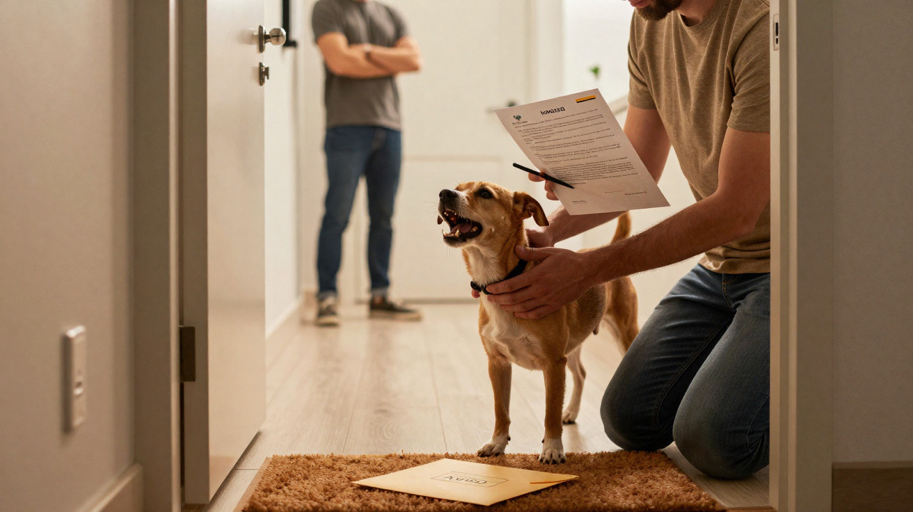 Pessoa assinando contrato de adoção enquanto segura cachorro animado em casa.