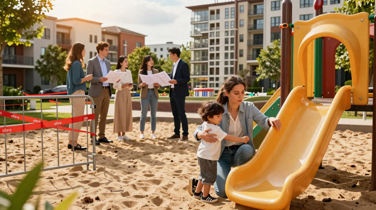 Mulher com criança no playground enquanto grupo discute plantas de construção ao fundo em área urbana.