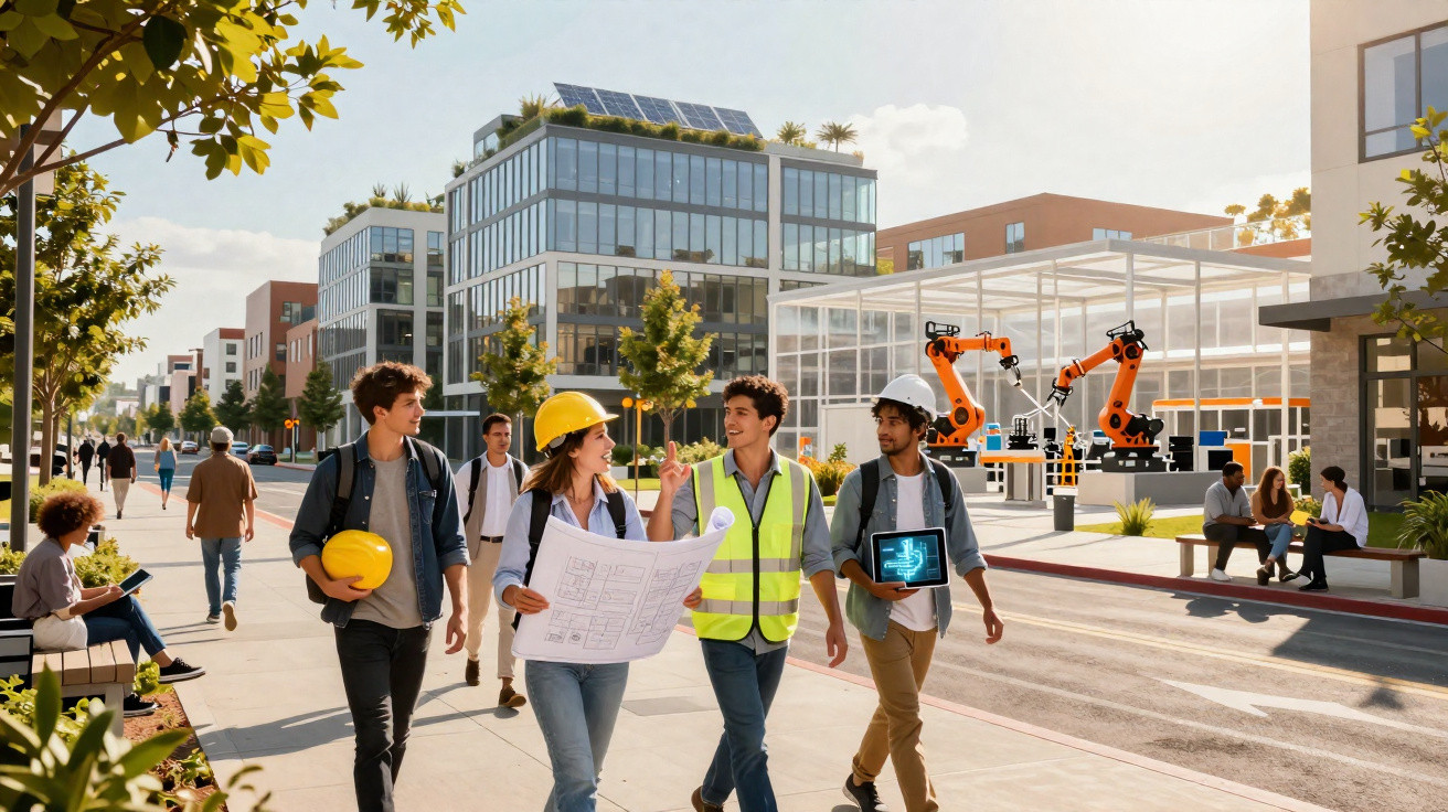 Jovens engenheiros com equipamentos e plantas caminham em área urbana moderna com robôs industriais ao fundo.