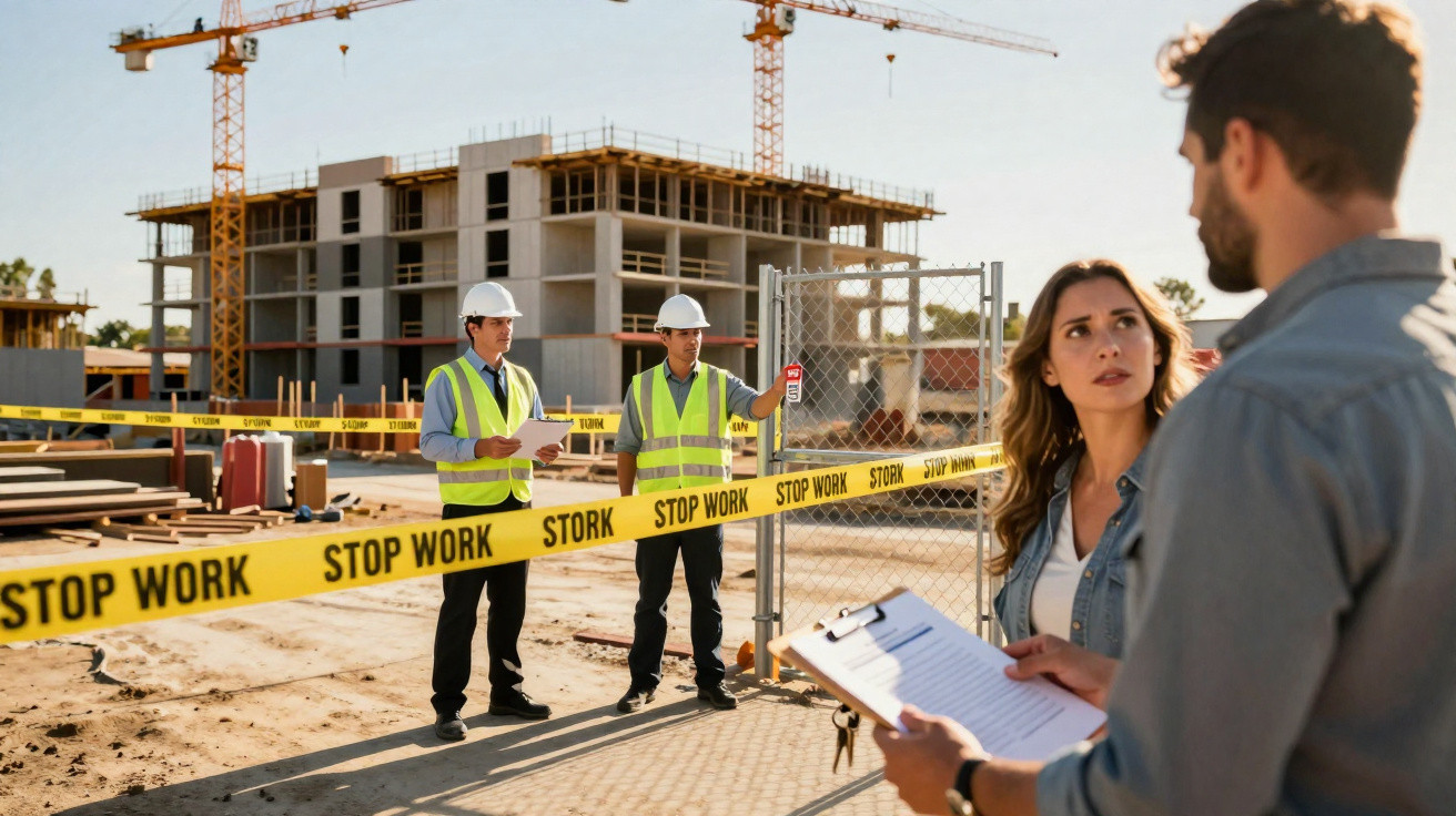 Área de construção bloqueada com homens de capacete e colete refletivo e um casal conversando em primeiro plano.