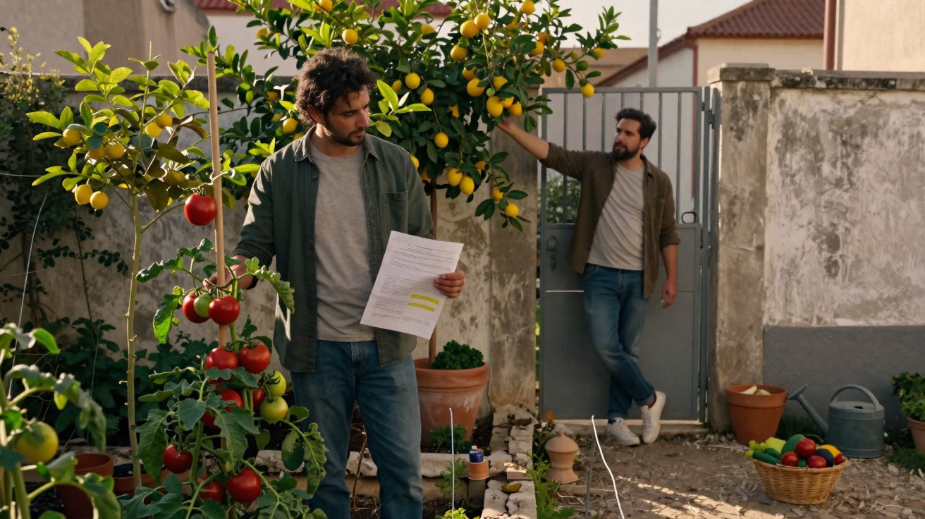 Dois homens em um jardim com frutas, legumes e um carrinho de papel nas mãos de um deles.
