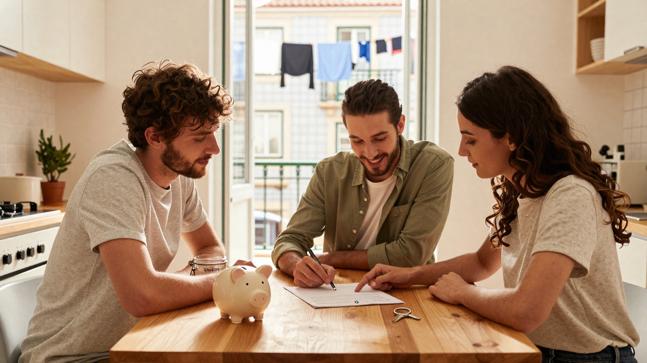 Três jovens sentados em mesa de cozinha assinando documento com cofrinho em forma de porco à frente.