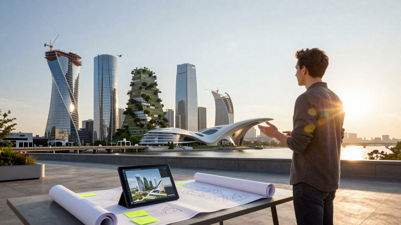 Homem observa maquete digital de edifícios futurísticos em mesa com plantas e pôr do sol ao fundo.