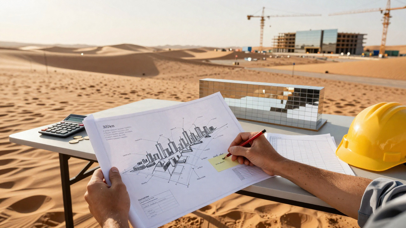 Pessoa analisando projeto arquitetônico em mesa no deserto, próximo a capacete e calculadora, com construção ao fundo.