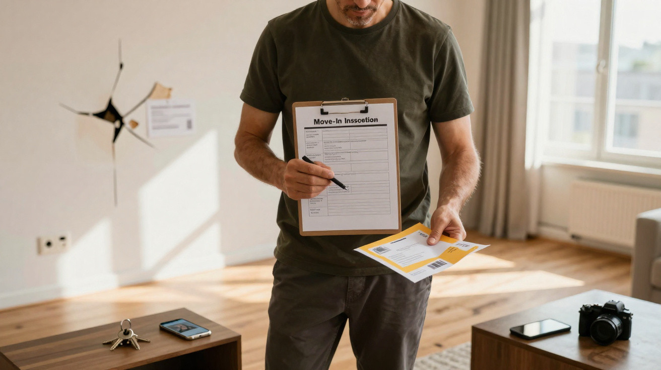 Homem segurando prancheta com checklist e documentos em sala iluminada por luz natural.