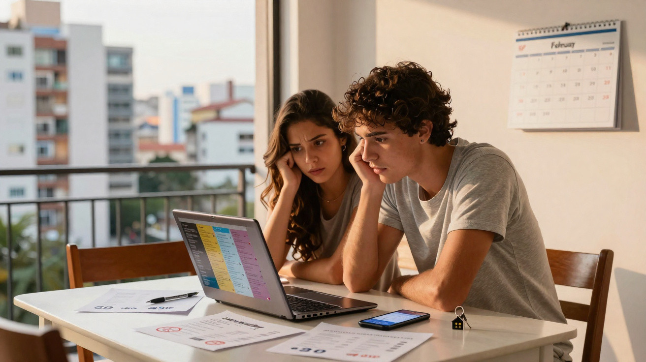 Jovem casal preocupado olhando para laptop com documentos e celular em mesa branca à varanda de apartamento.