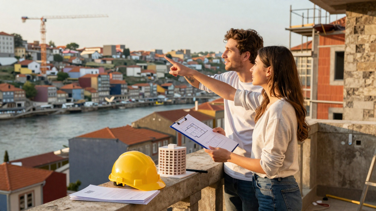 Casal jovem analisando projeto de construção com planta e capacete em varanda com vista para o rio.