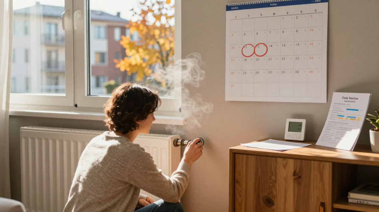 Pessoa sentada próxima a uma janela segurando uma caneca quente em frente a um calendário de parede.