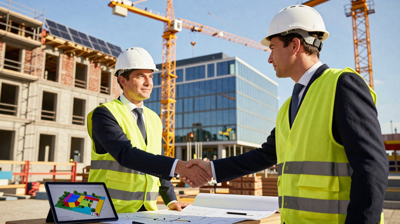 Dois engenheiros com capacetes e coletes de segurança apertam as mãos em canteiro de obras.