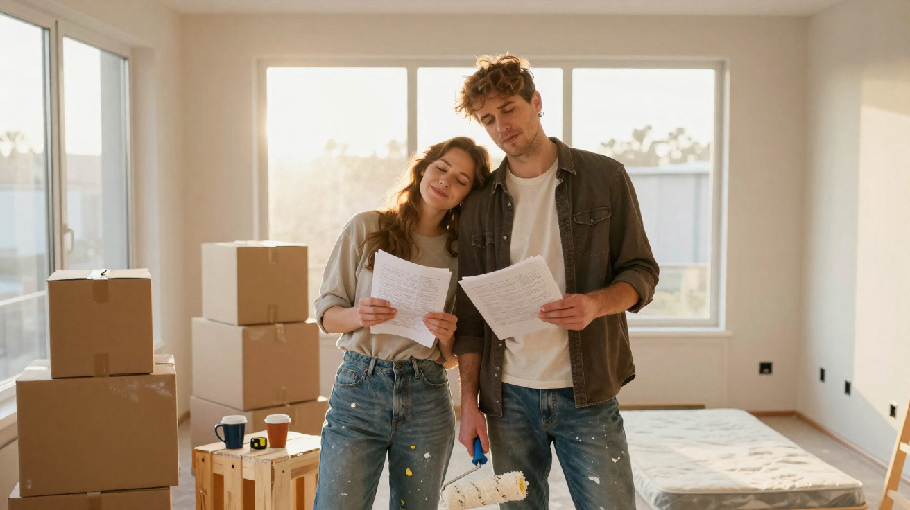 Casal jovem segurando documentos em apartamento vazio com caixas de mudança e rolo de pintura.