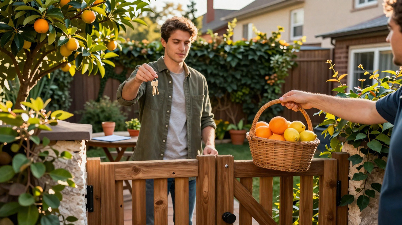 Homem entregando chaves em portão de jardim enquanto outro oferece cesta com frutas.