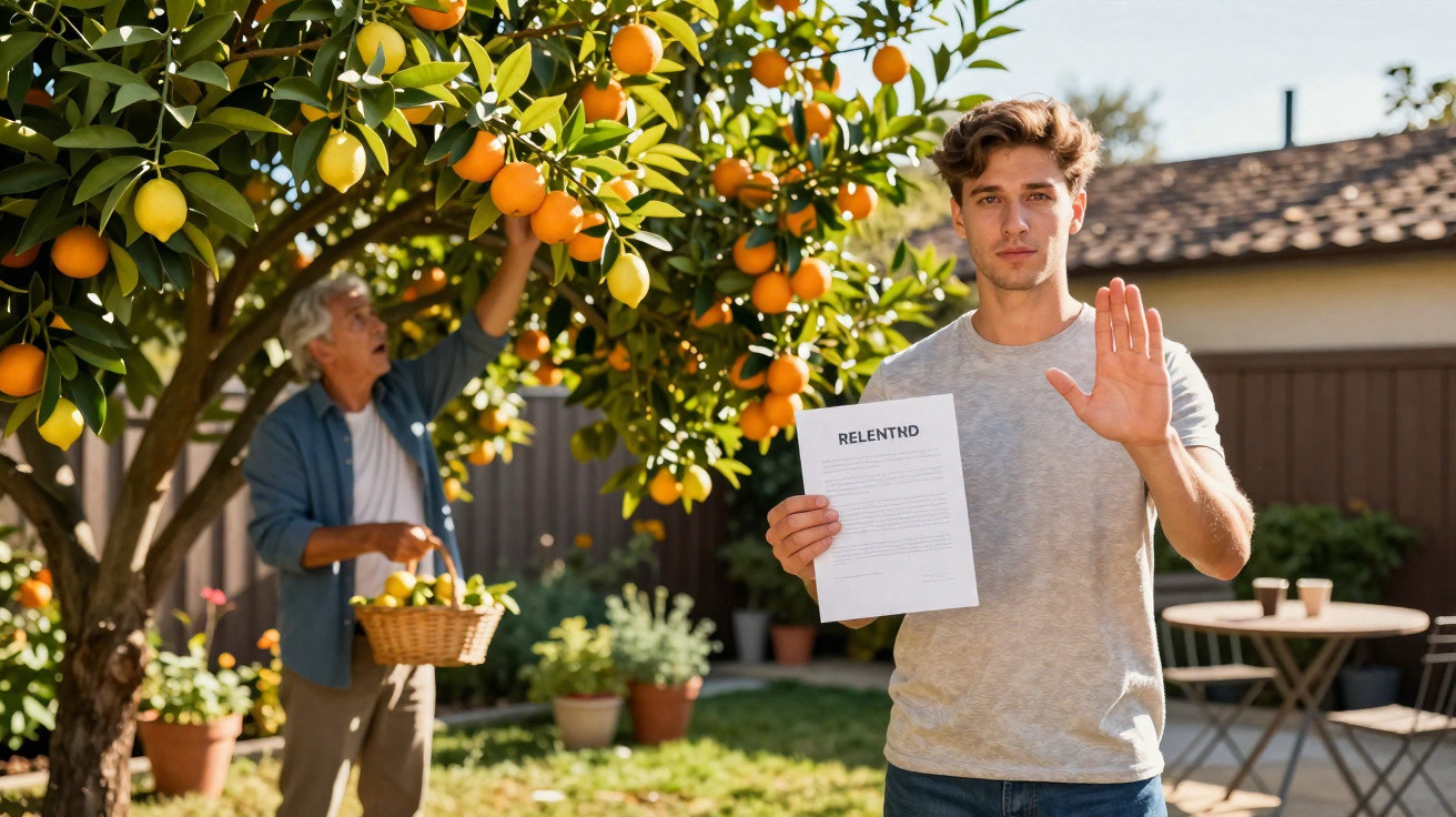 Jovem mostrando documento de despejo com gesto de mão, enquanto idoso colhe frutas em árvore no fundo.