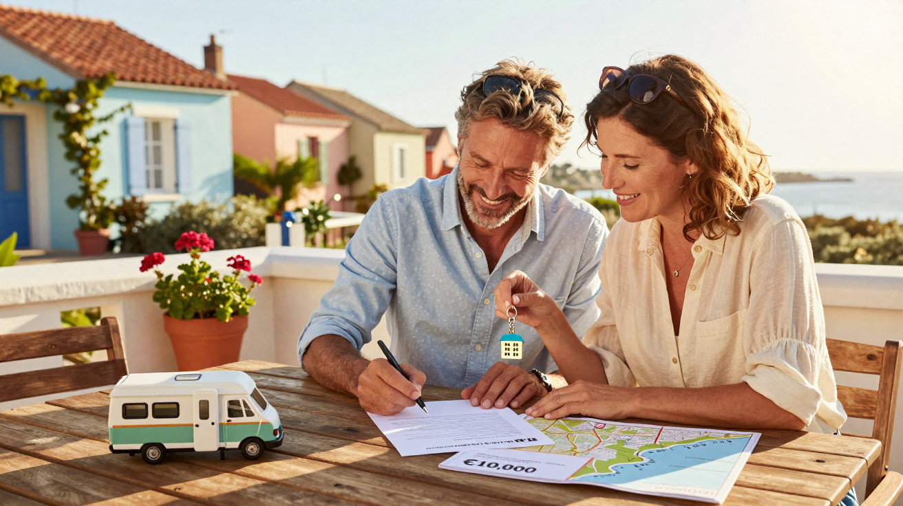 Casal assinando contrato de compra de imóvel com chave e mapa sobre mesa ao ar livre em dia ensolarado.
