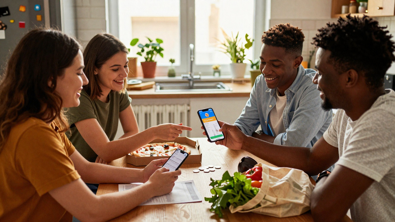 Quatro jovens reunidos na cozinha, sorrindo e usando celulares enquanto compartilham uma pizza.