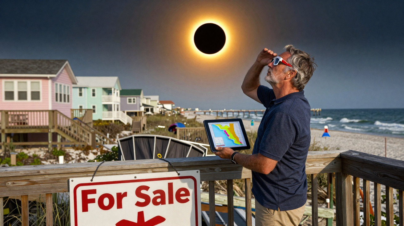 Homem observa eclipse solar usando óculos especiais em deck de praia com placa de venda.