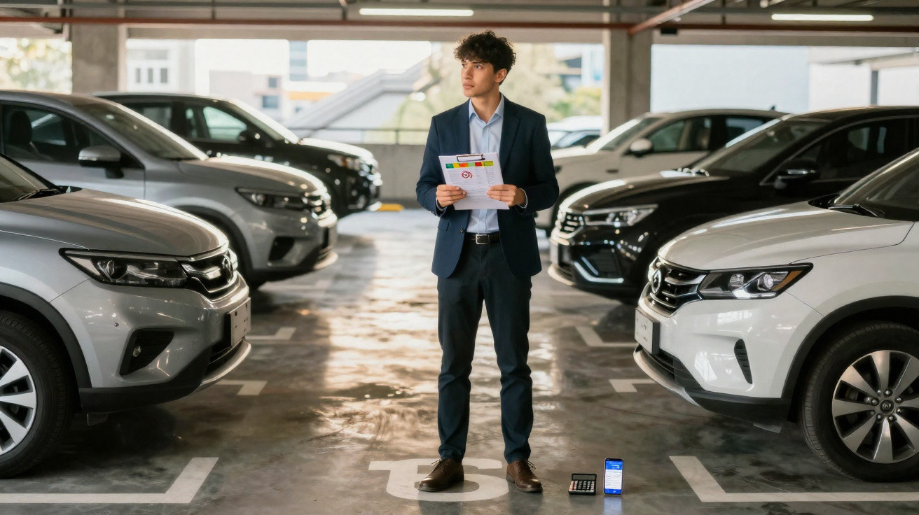 Homem de terno segurando documentos em estacionamento, entre carros, ao lado de calculadora e celular.