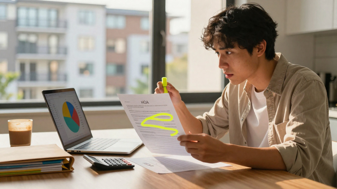 Jovem analisando documento grifado com marcador amarelo em mesa com laptop, calculadora e café.