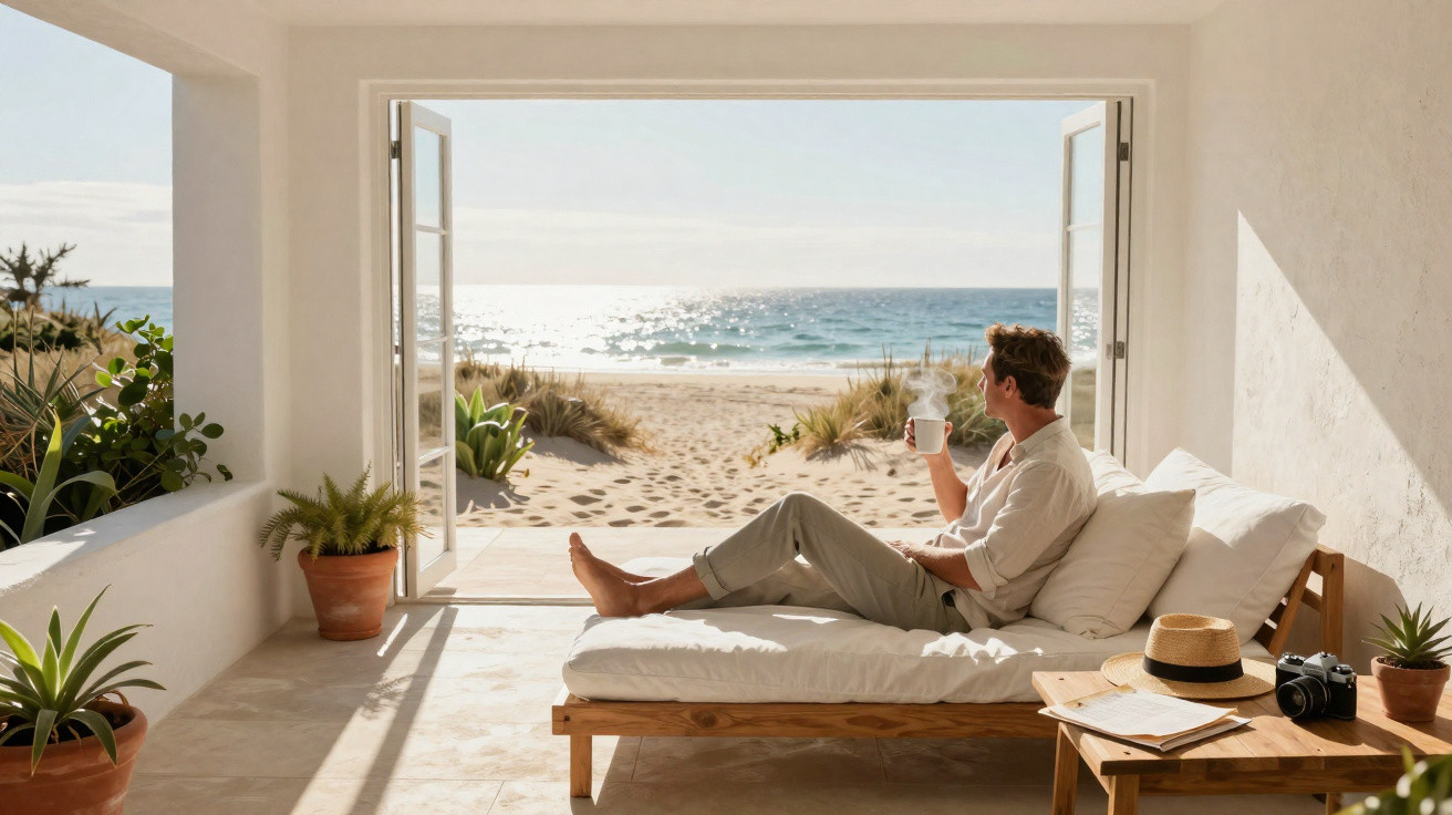 Homem sentado em cama de frente para o mar, tomando café em ambiente com plantas e luz natural.