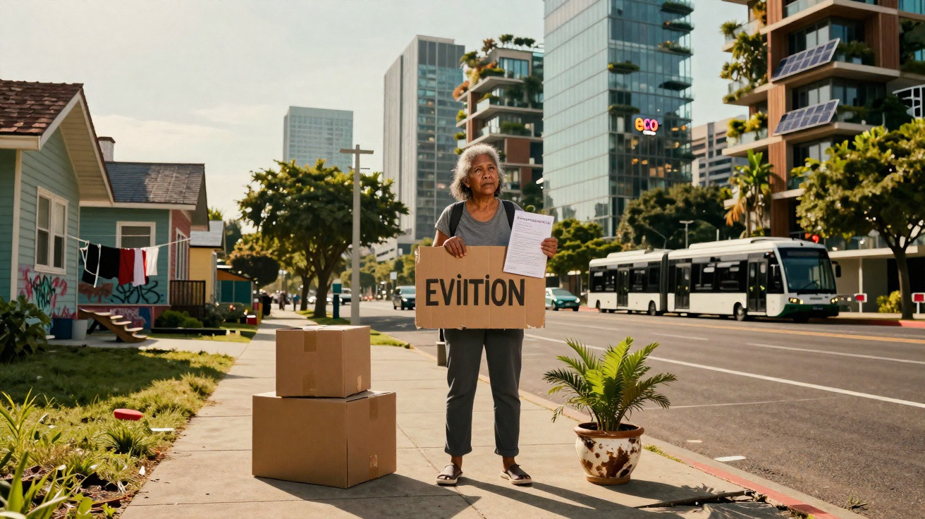 Mulher idosa segura placa de despejo em rua urbana com caixas e plantas ao redor.