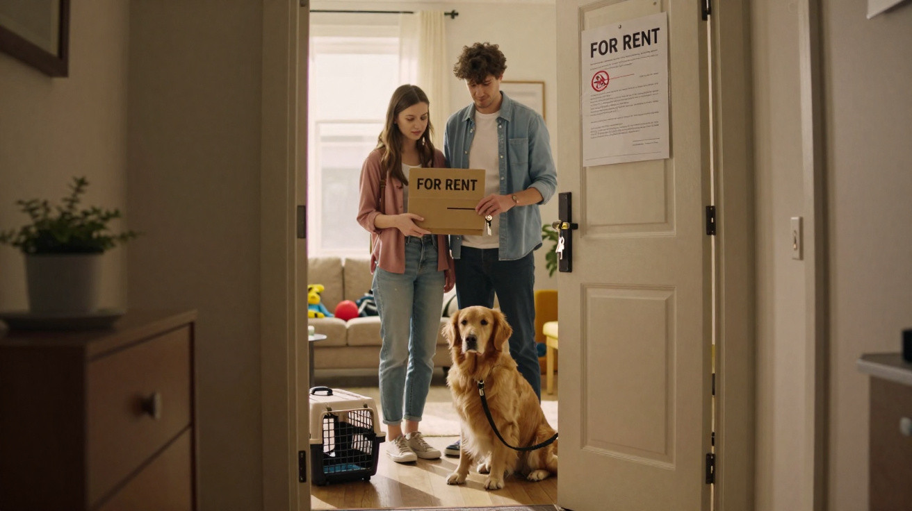 Casal jovem com cachorro em imóvel disponível para aluguel, com placa "For Rent" na porta e caixa de transporte no chão.