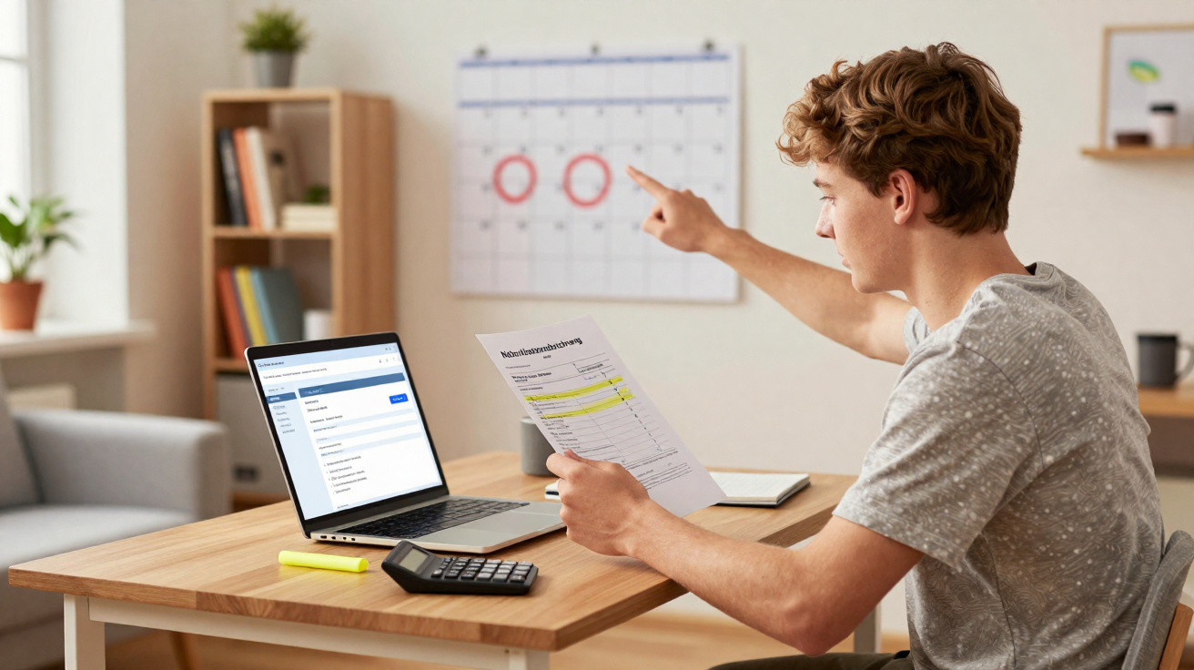 Jovem sentado à mesa com laptop, segurando papel e apontando para calendário na parede.
