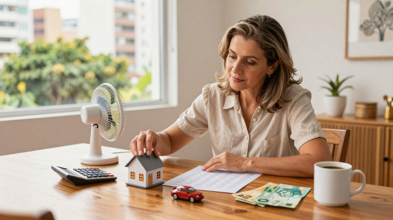 Mulher sentada à mesa analisa contas, com miniatura de casa, carro, ventilador, dinheiro e calculadora à frente.