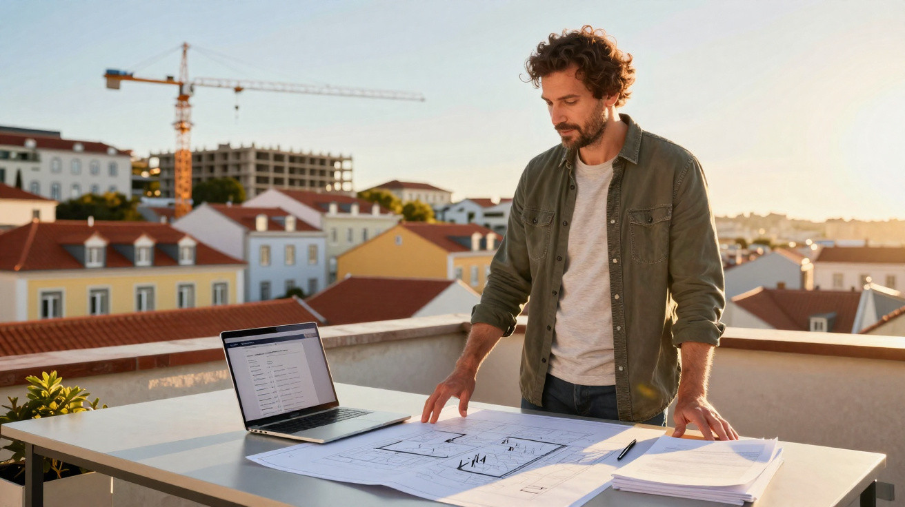 Homem observando plantas arquitetônicas em mesa ao ar livre com notebook e edifícios ao fundo.
