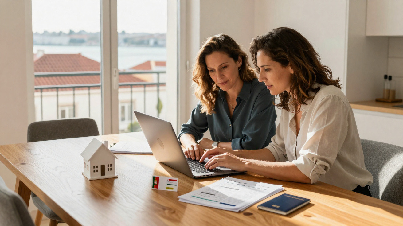 Duas mulheres sentadas à mesa em ambiente iluminado trabalhando juntas em um laptop com documentos e miniatura de casa.