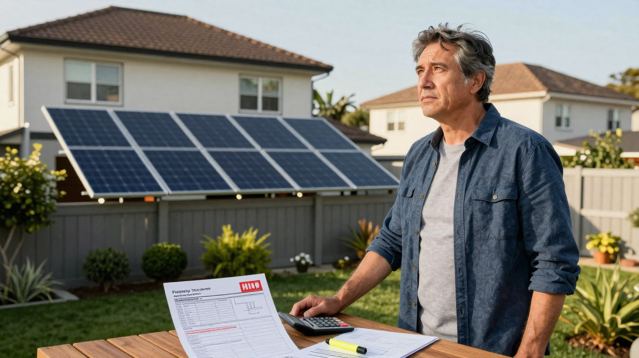 Homem pensativo olhando para painéis solares em casa, com conta de energia e calculadora na mesa.
