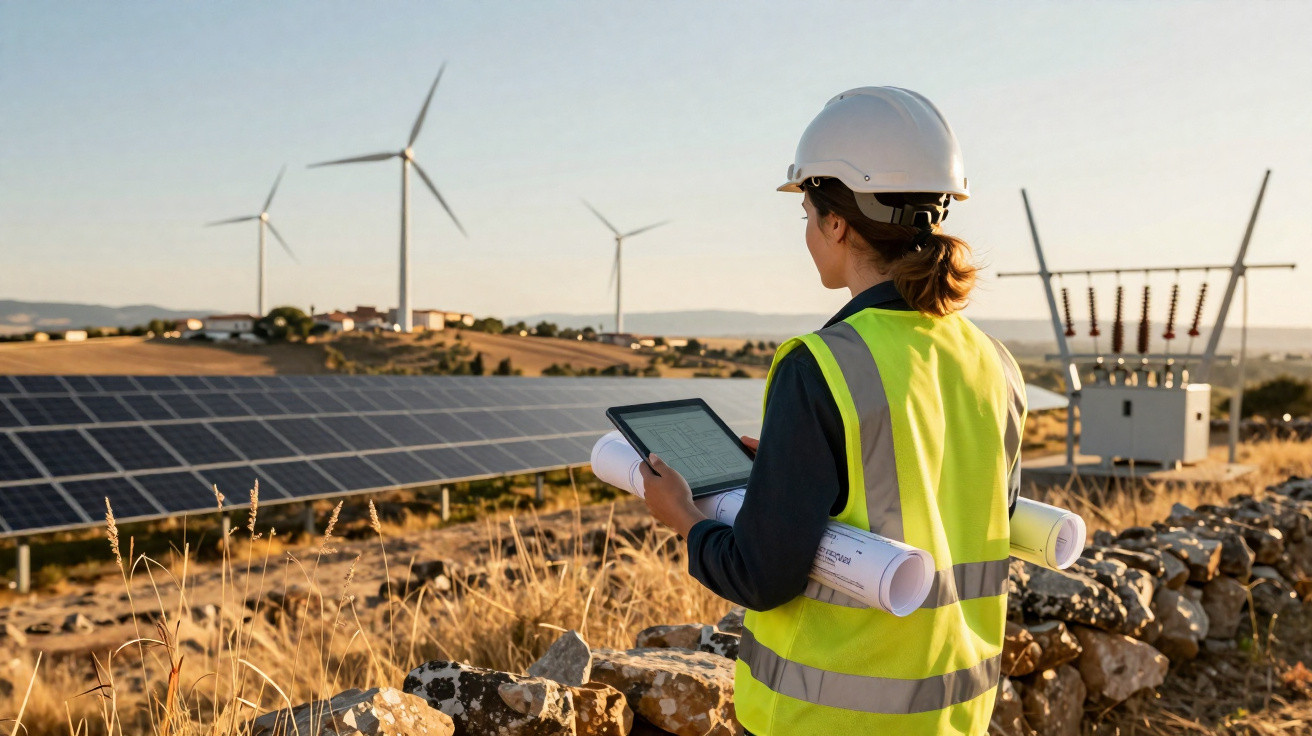 Mulher engenheira com capacete e colete refletivo inspeciona painéis solares e turbinas eólicas ao ar livre.