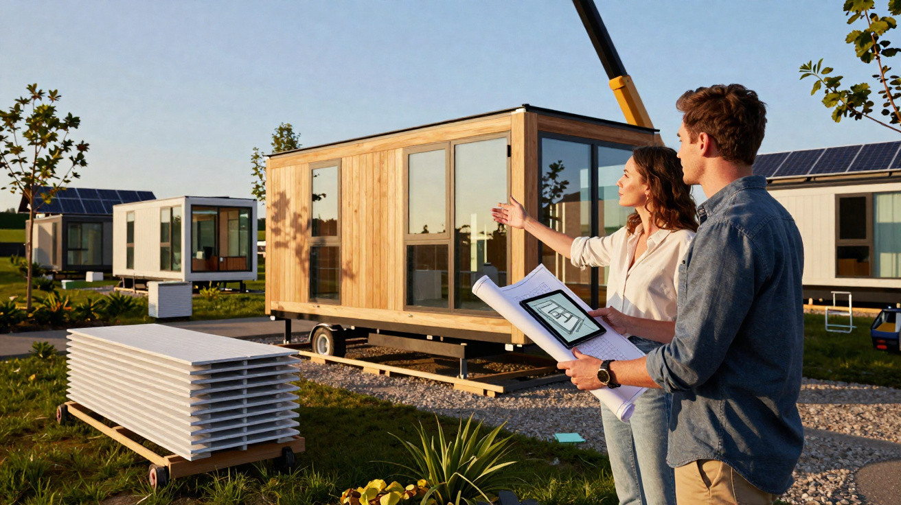 Casal observando casa pré-fabricada de madeira em construção ao ar livre ao pôr do sol.