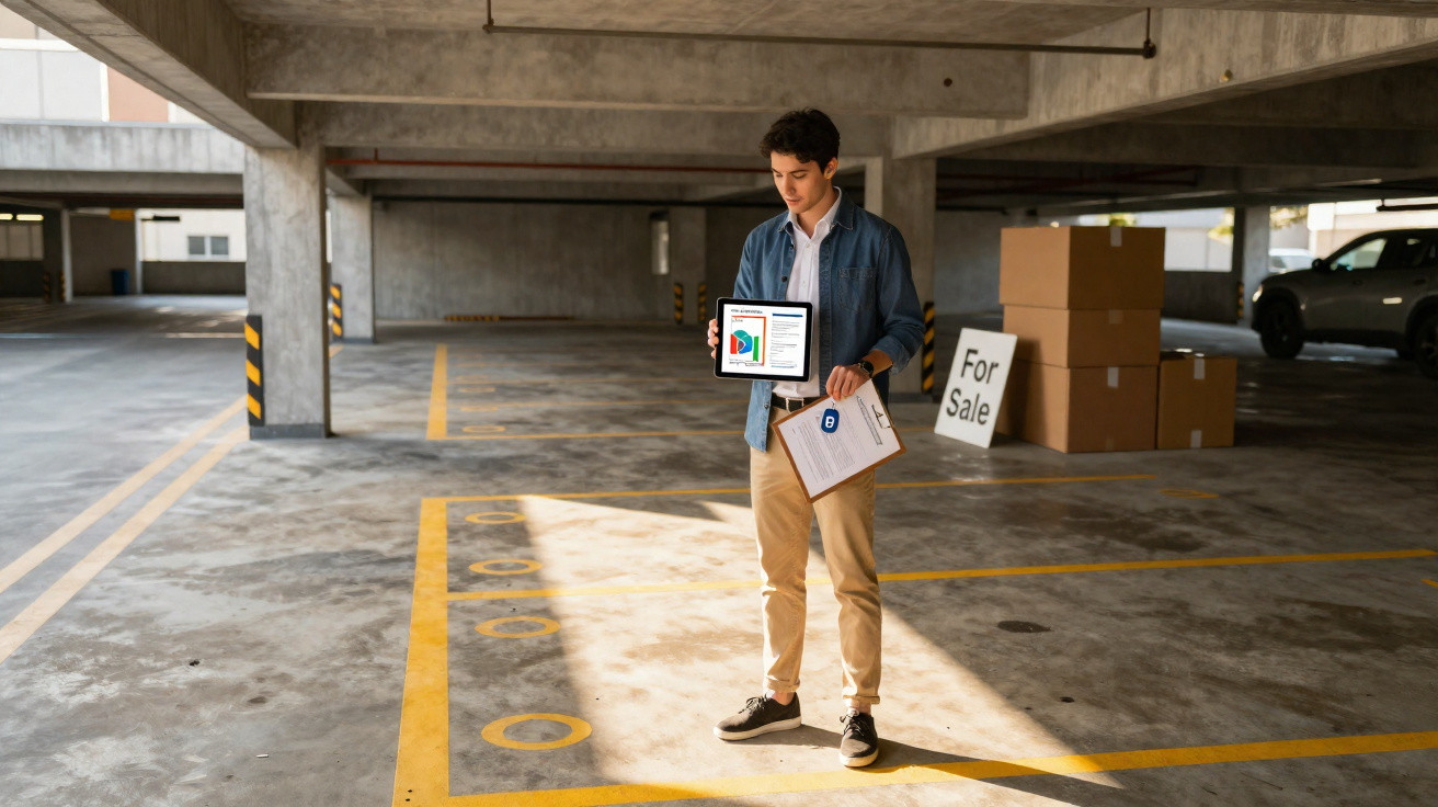 Homem mostra tablet com gráfico e segura prancheta em estacionamento com caixas e placa de venda.
