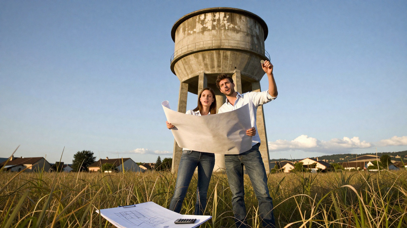 Casal analisando plantas de construção ao ar livre com torre de água ao fundo em área gramada.