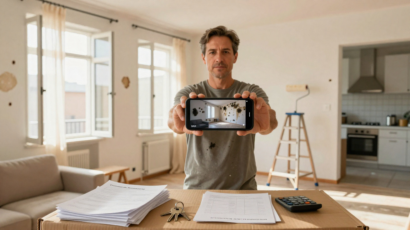 Homem mostrando foto de parede com mofo para inspeção em apartamento claro e vazio.