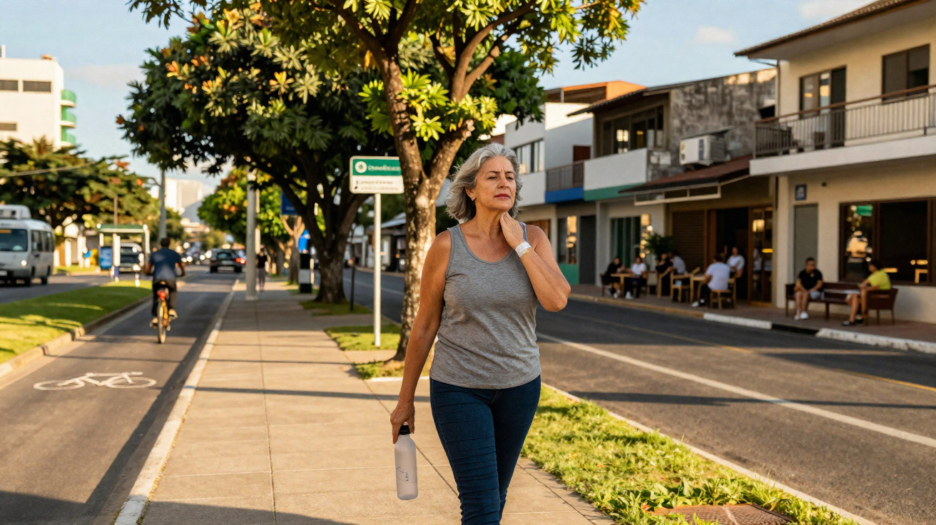 Mulher caminhando em calçada urbana com camiseta cinza, segurando garrafa, ao lado de ciclovia e comércio.