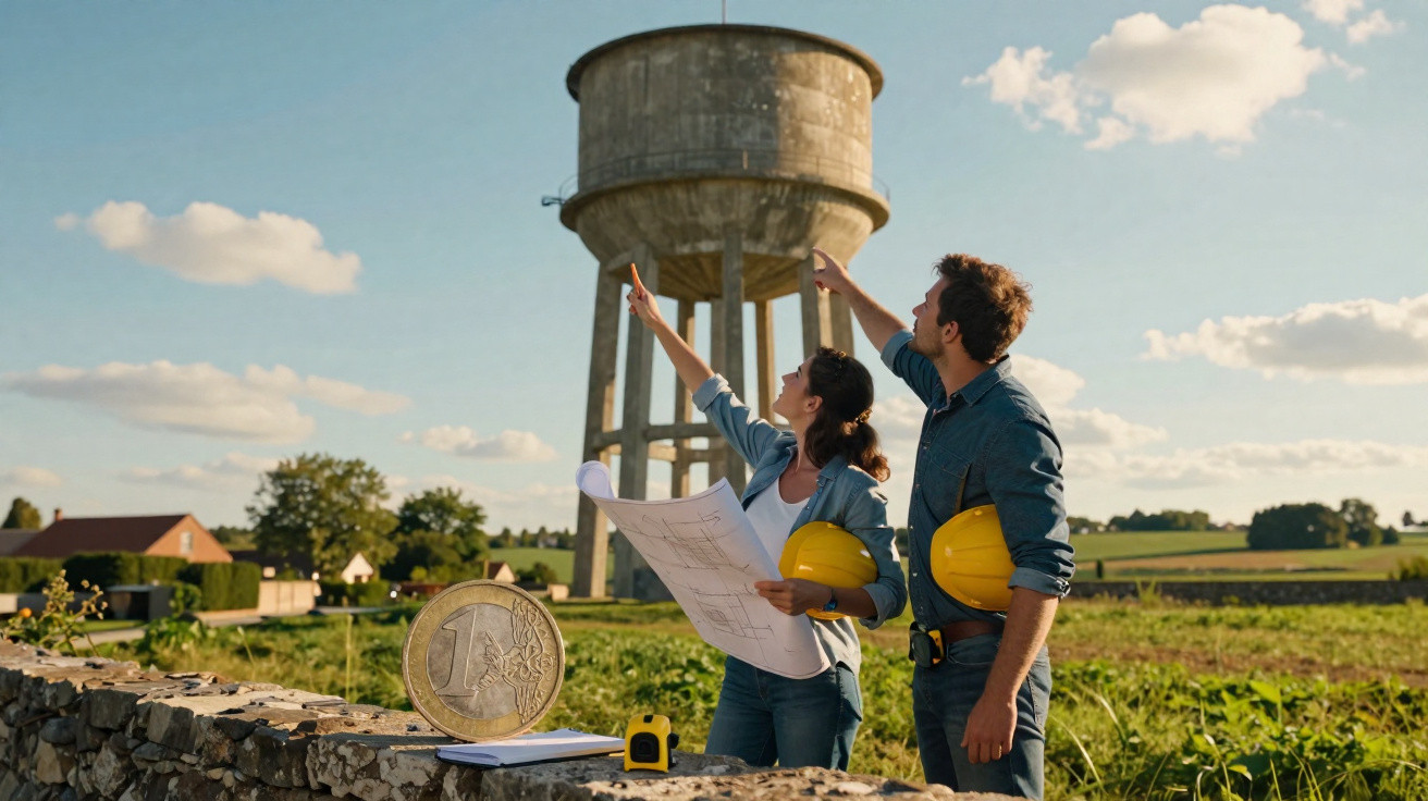 Engenheiros com capacetes amarelos analisando estrutura de reservatório de água em área rural ensolarada.