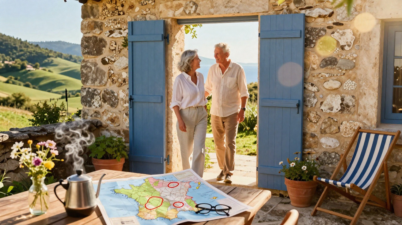 Casal idoso entrando em casa de pedra com portas azuis, mesa com mapa, flores e chaleira fumegante.